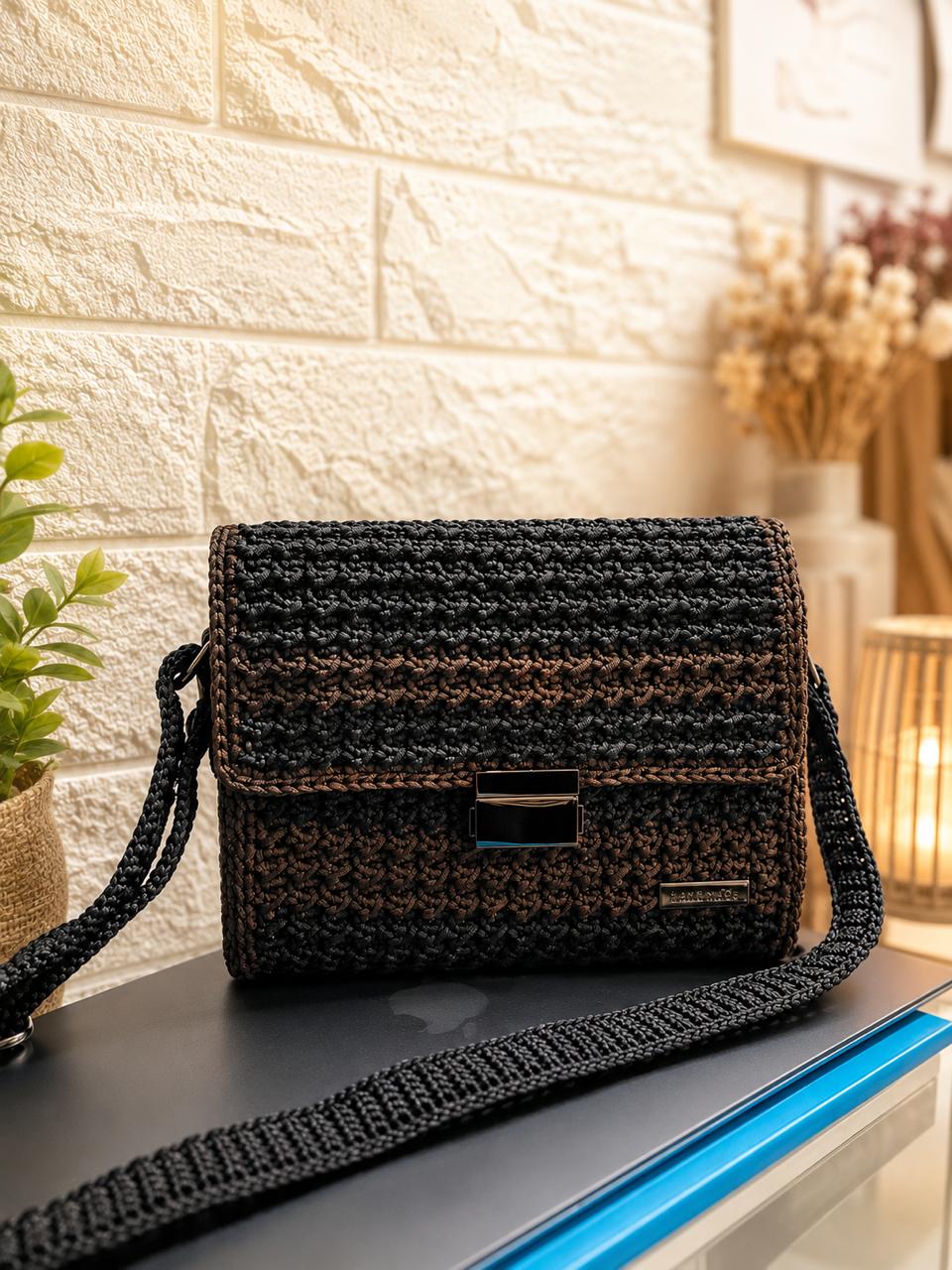 Black and brown rectangular handcrafted crochet crossbody bag