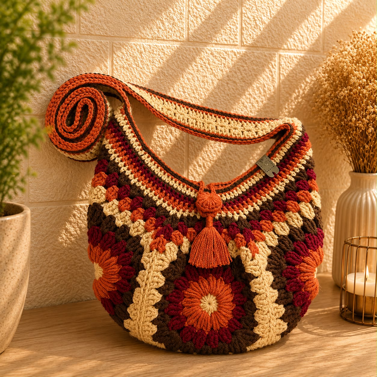 Multicolored round bohemian crochet shoulder bag