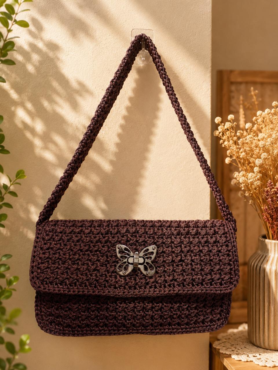 Burgundy handcrafted crochet shoulder bag with butterfly clasp
