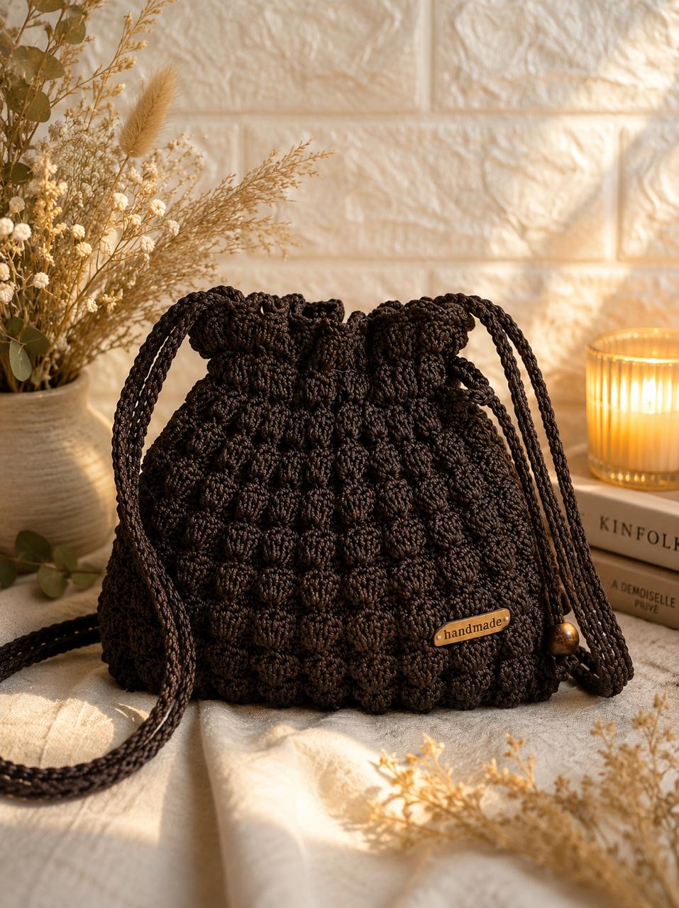 Chocolate brown textured crochet drawstring bag