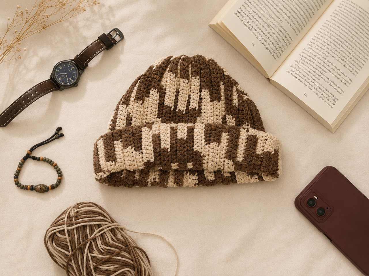Brown and cream handcrafted crochet beanie in a styled flat lay