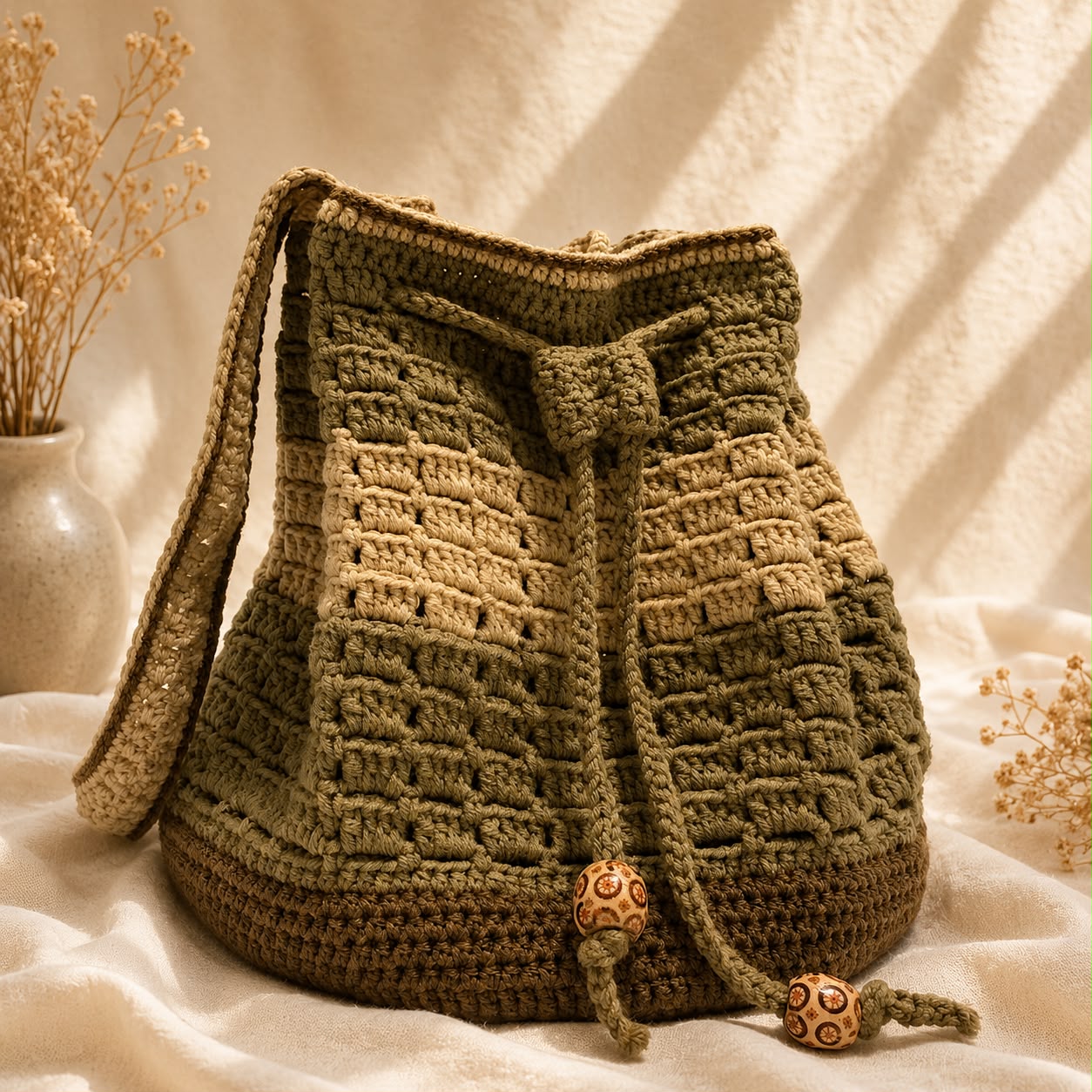 Olive and natural-toned handcrafted crochet bucket bag