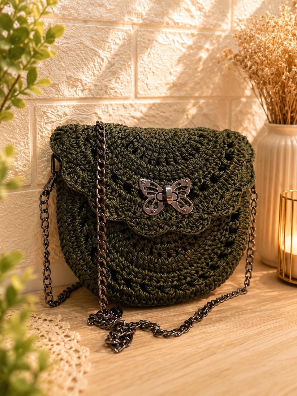 Olive green round crochet butterfly bag with chain strap