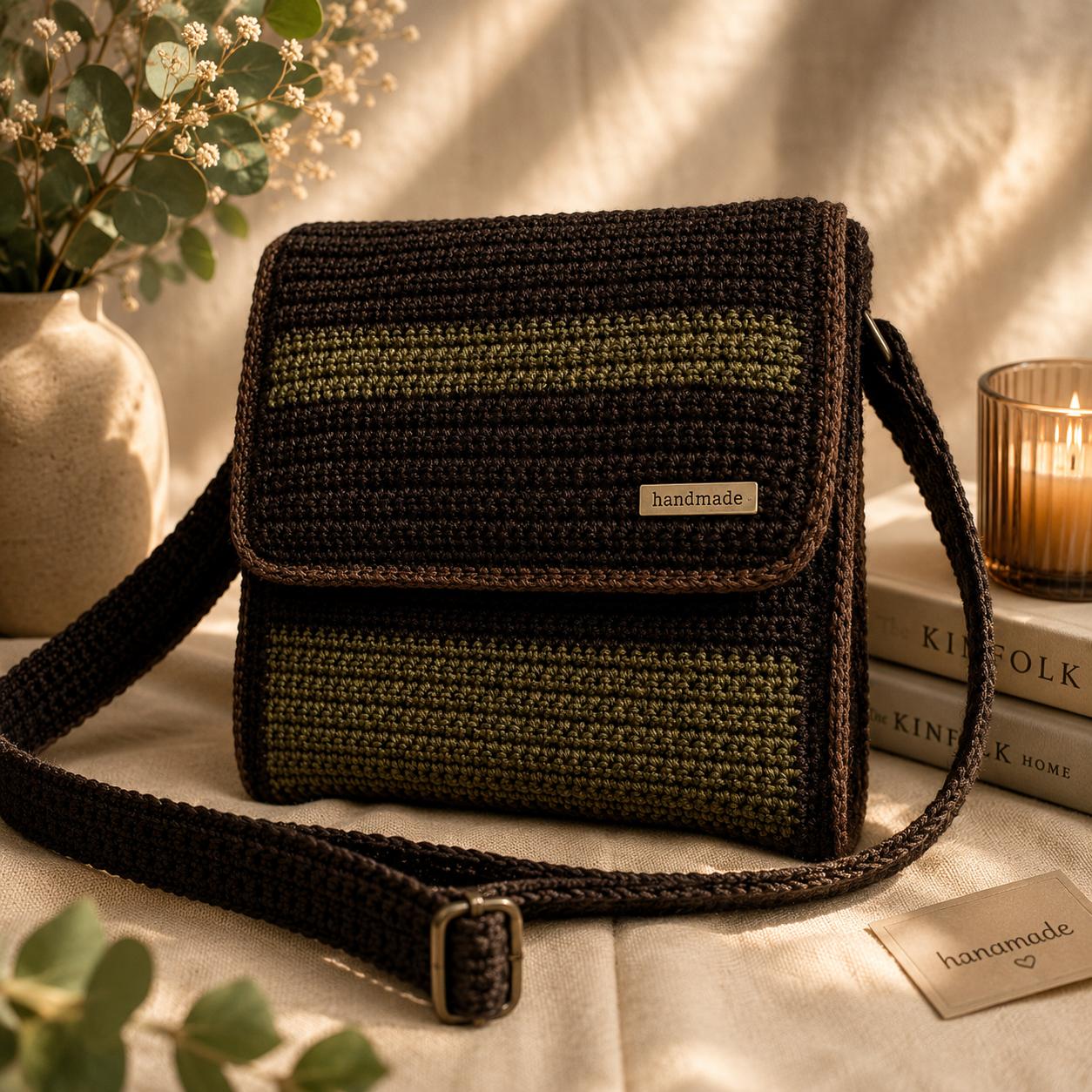 Olive and brown rectangular crochet crossbody bag