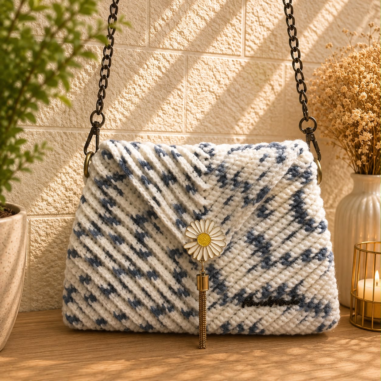 White and blue textured crochet bag with daisy clasp